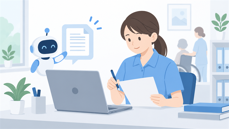 AIが作った原案を職員が読み直して目標を書き直している様子のイラスト