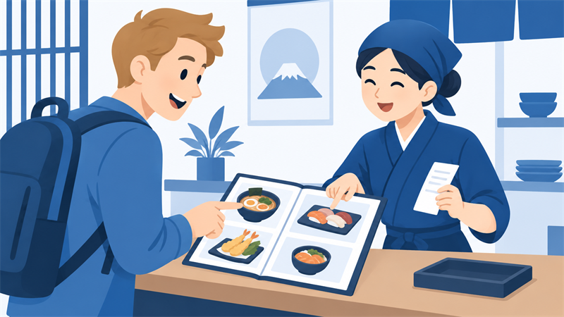 外国人のお客さまとスタッフがメニューと会計を確認する飲食店のイメージ