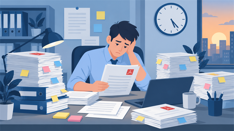 入札の仕様書の束を前に読み込み作業に追われる担当者のイメージ